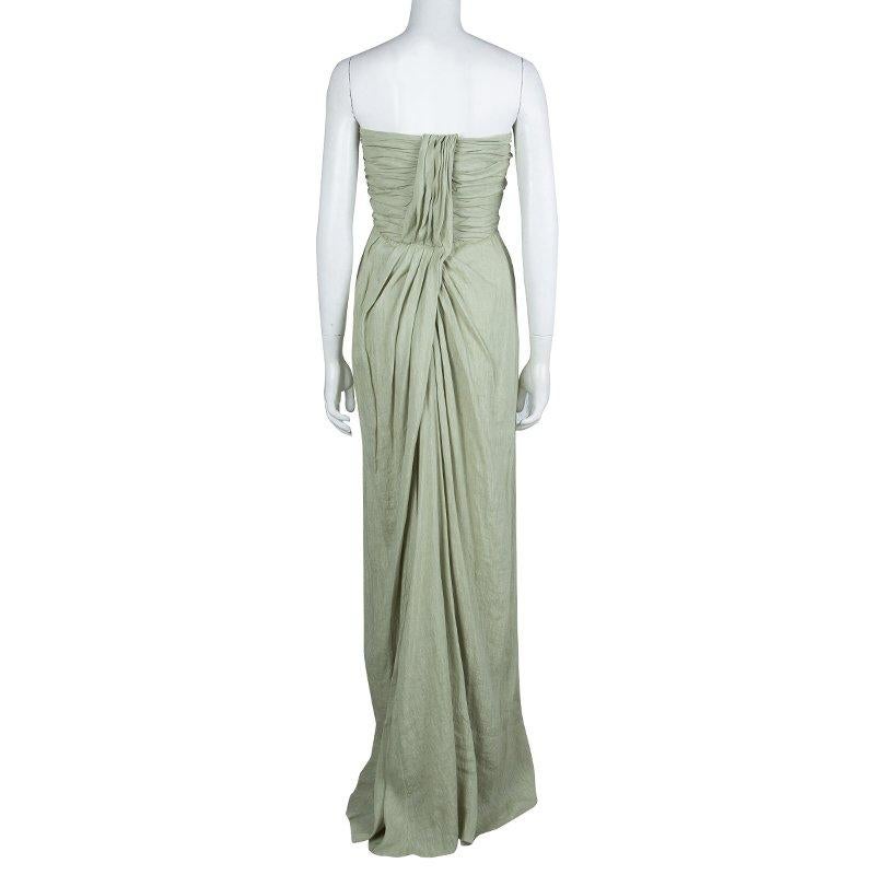 Gray Alberta Ferretti Pistachio Green Linen Ruched Strapless Maxi Dress M