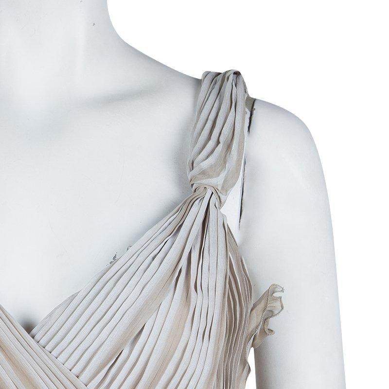Alberta Ferretti Beige Silk Pleated Pintuck Detail Sleeveless Gown M 5