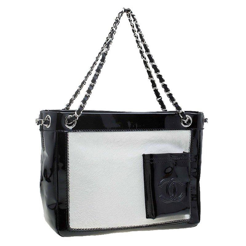 Chanel Black/White Pony Hair Patent Leather Runway Tote 10