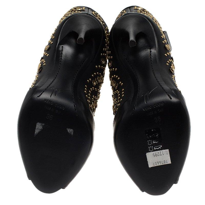 Women's Giuseppe Zanotti Black Studded Leather Coline Peep Toe Mid Calf Boots Size 36