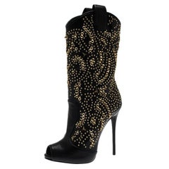 Giuseppe Zanotti Black Studded Leather Coline Peep Toe Mid Calf Boots Size 36