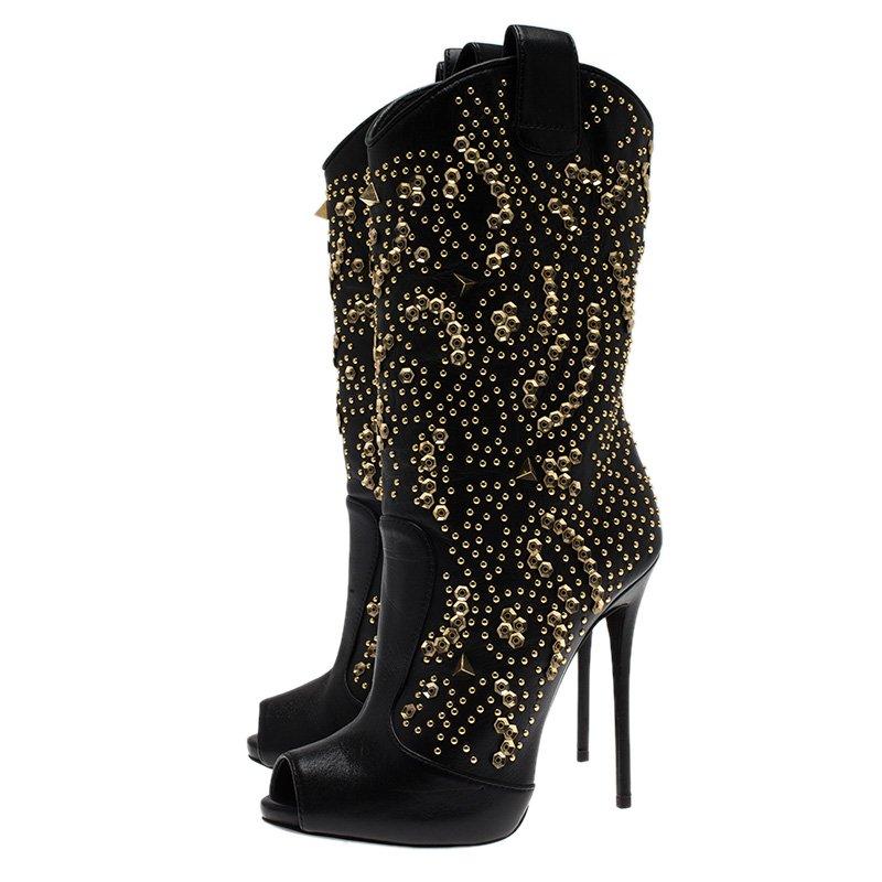 Giuseppe Zanotti Black Studded Leather Coline Peep Toe Mid Calf Boots Size 36 2