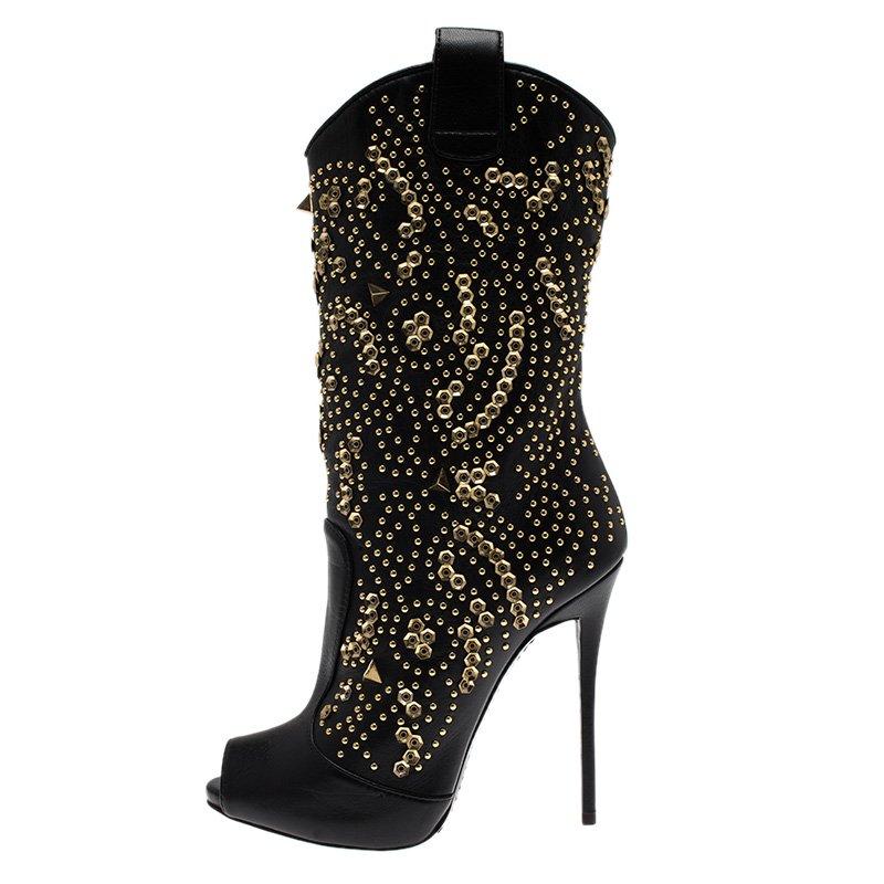 Giuseppe Zanotti Black Studded Leather Coline Peep Toe Mid Calf Boots Size 36 4