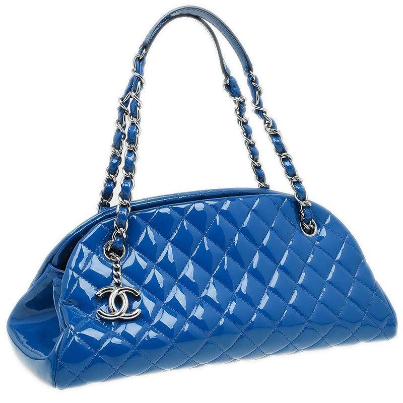 Chanel Blue Quilted Patent Medium Just Mademoiselle Bowling Bag 5