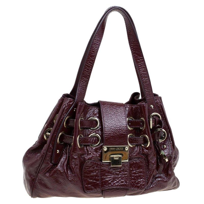 Women's Jimmy Choo Burgundy Crinkled Patent Leather Small Riki Tote