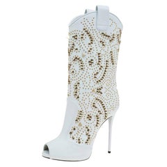 Giuseppe Zanotti White Studded Leather Coline Peep Toe Mid Calf Boots Size 38