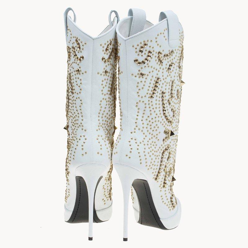 Gray Giuseppe Zanotti White Studded Leather Coline Peep Toe Mid Calf Boots Size 38