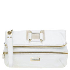 Jimmy Choo White Leather and Suede Large Mave Foldover Clutch