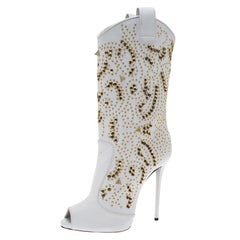 Giuseppe Zanotti White Studded Leather Coline Peep Toe Mid Calf Boots Size 37