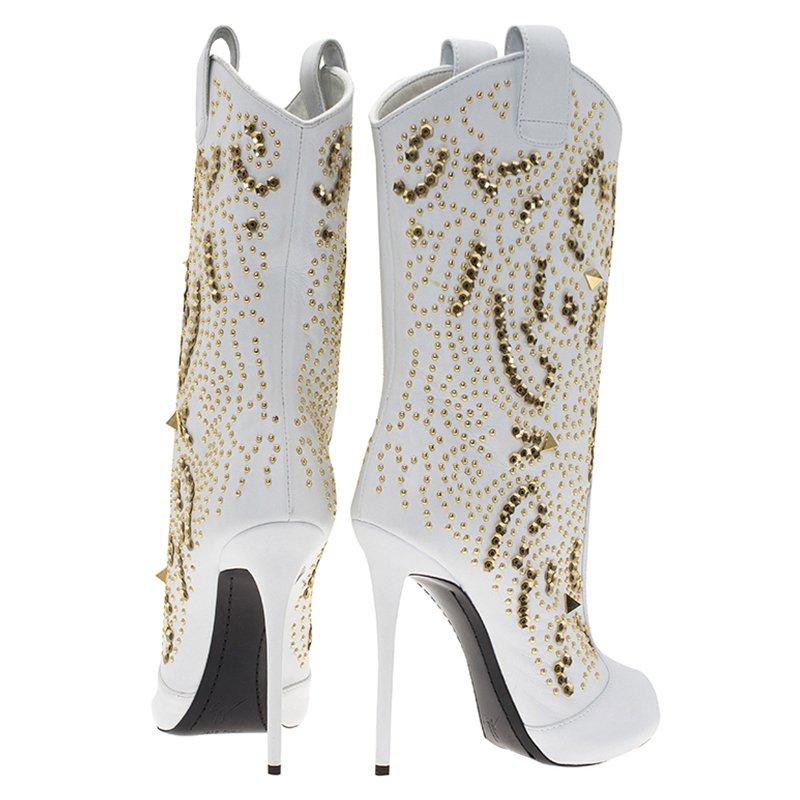 Gray Giuseppe Zanotti White Studded Leather Coline Peep Toe Mid Calf Boots Size 37