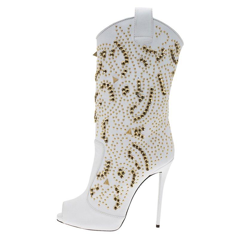 Women's Giuseppe Zanotti White Studded Leather Coline Peep Toe Mid Calf Boots Size 37