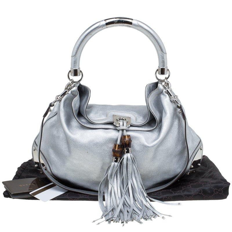 Gucci Silver Leather Large Indy Top Handle Hobo Bag 3