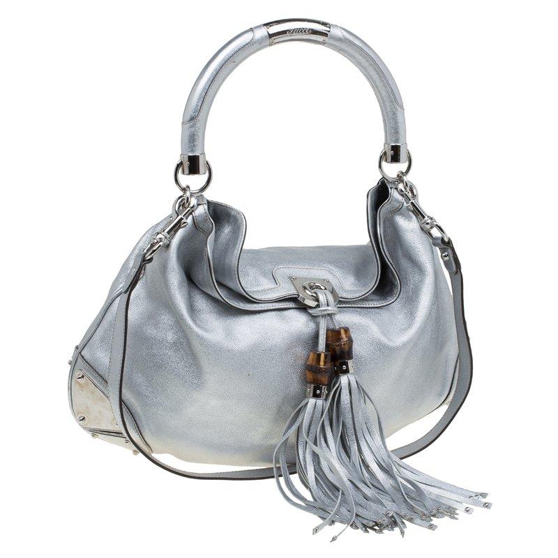 Gucci Silver Leather Large Indy Top Handle Hobo Bag 7