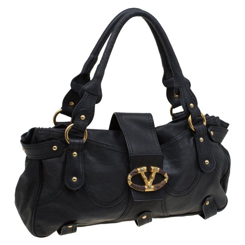 Valentino Black Leather and Crystal Catch Satchel 2