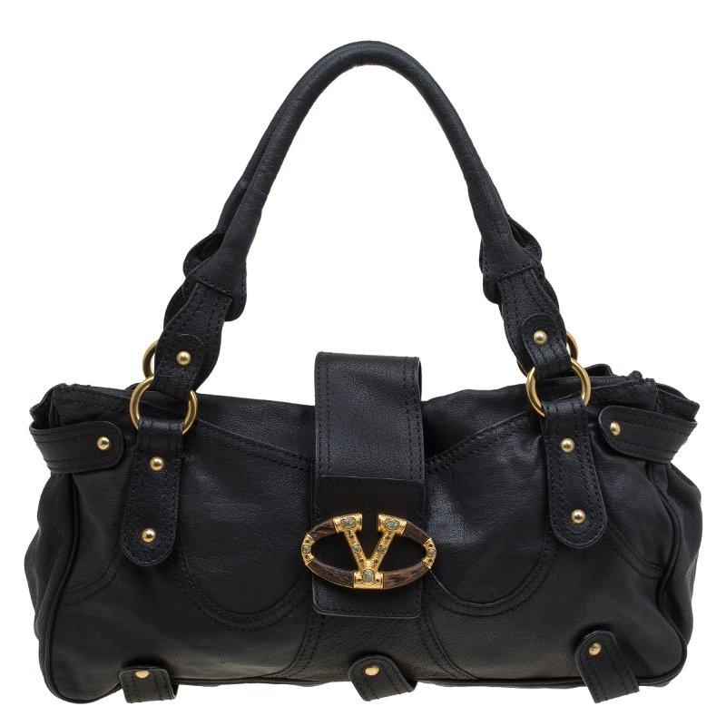 Valentino Black Leather and Crystal Catch Satchel