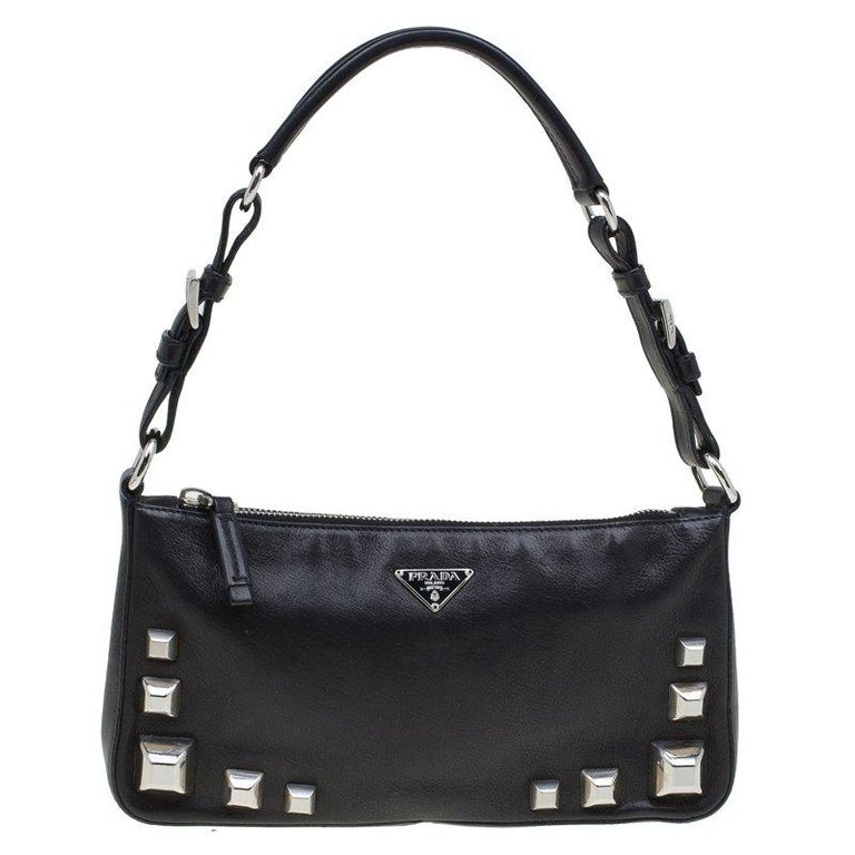 Prada Black Leather Studded Shoulder Bag at 1stDibs