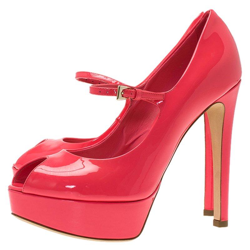 Dior Pink Patent Miss Dior Peep Toe Platform Pumps Size 37 1