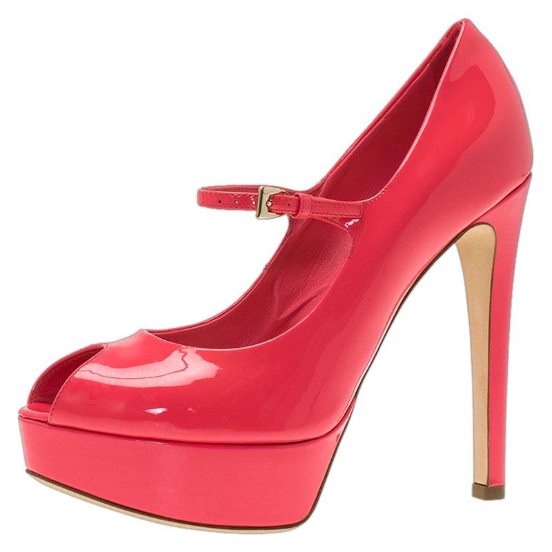 Dior Pink Patent Miss Dior Peep Toe Platform Pumps Size 37