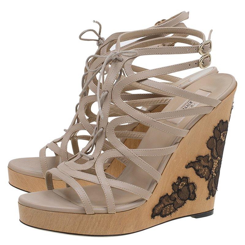 Women's Valentino Beige Leather Lace Up Lace Embellished Wedge Sandals Size 41