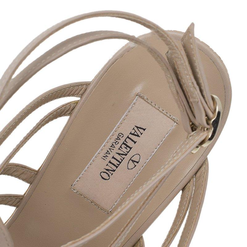 Valentino Beige Leather Lace Up Lace Embellished Wedge Sandals Size 41 1