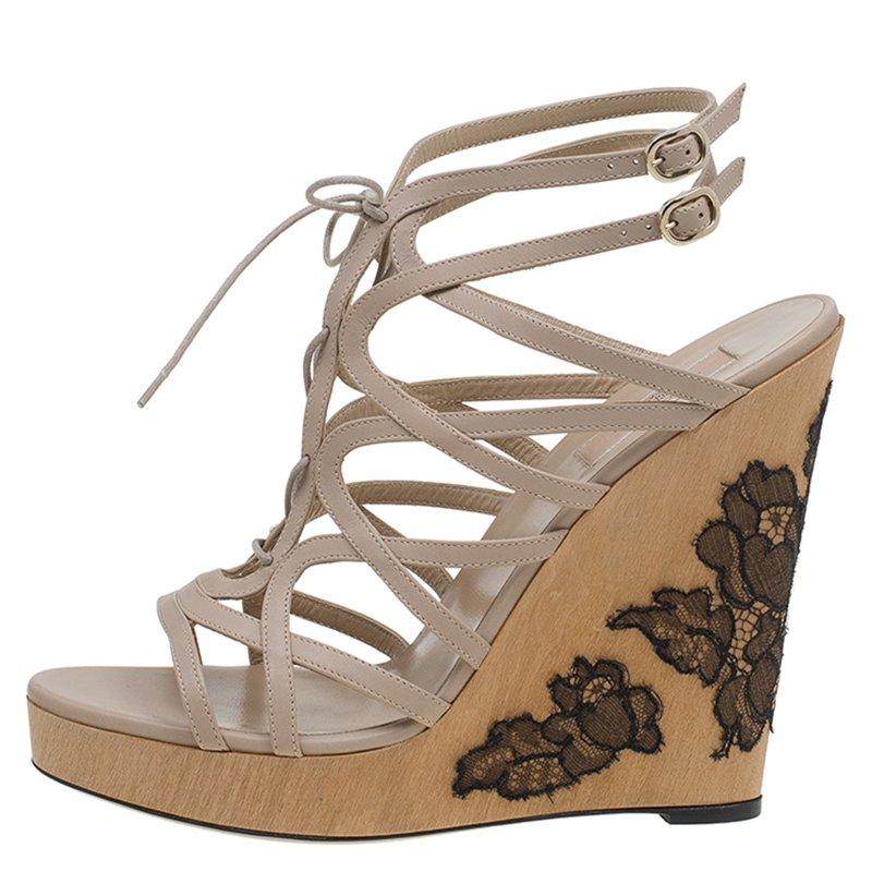 Valentino Beige Leather Lace Up Lace Embellished Wedge Sandals Size 41 3