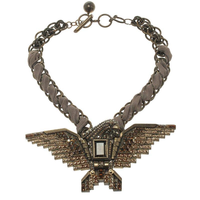 Lanvin Brown Crystal Embellished Eagle Gold Tone & Fabric Necklace