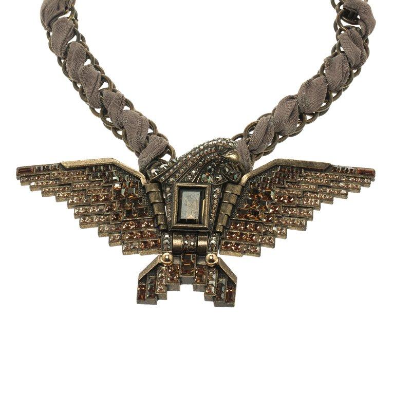Contemporary Lanvin Brown Crystal Embellished Eagle Gold Tone & Fabric Necklace