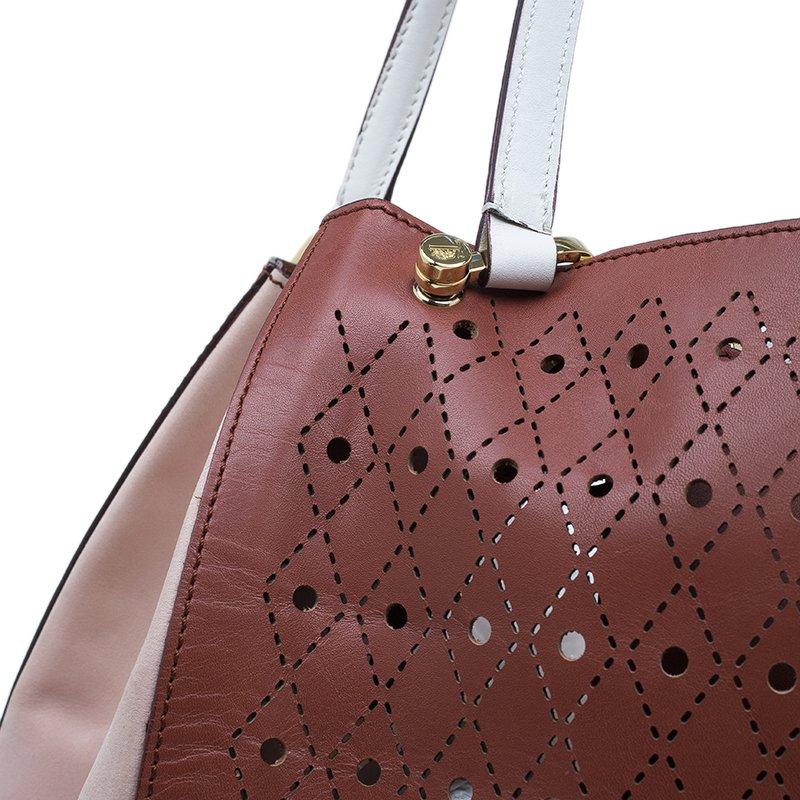 Tod's Brown Two Tone Perforated Leather Signature Secchiello Traforo Tote + Clut 1