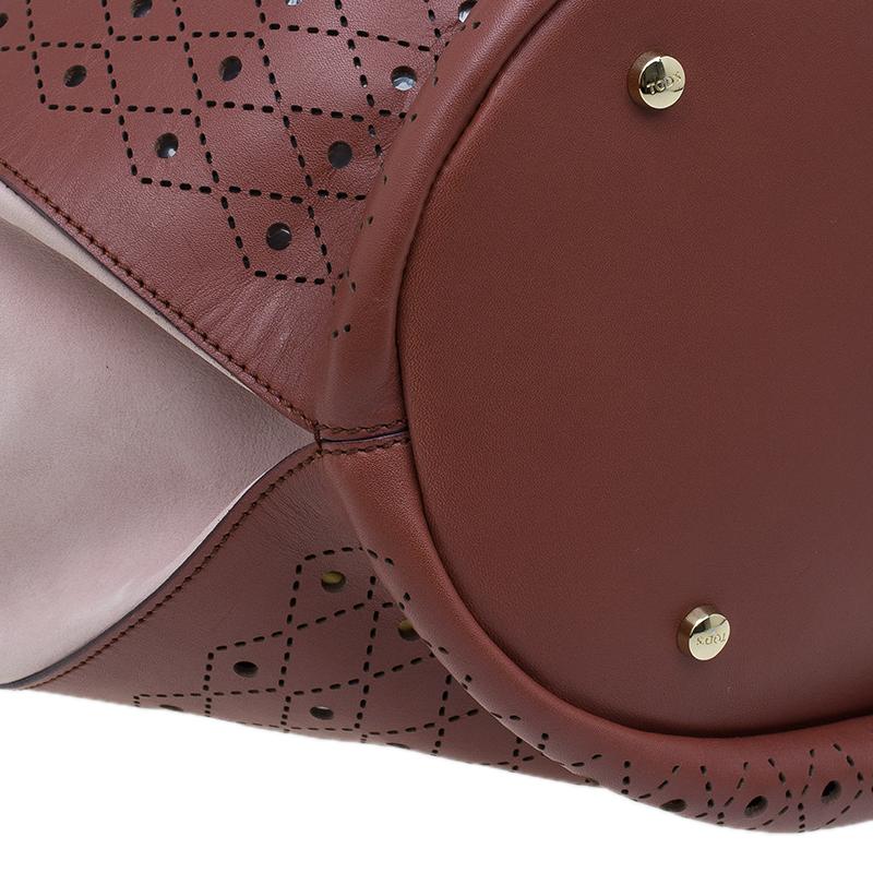 Tod's Brown Two Tone Perforated Leather Signature Secchiello Traforo Tote + Clut 2