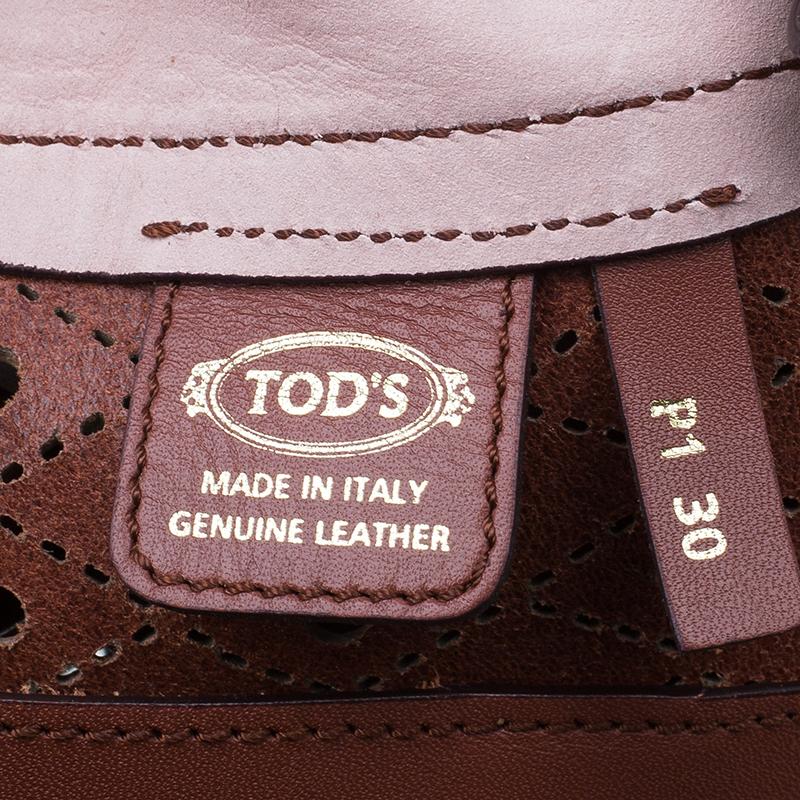 Tod's Brown Two Tone Perforated Leather Signature Secchiello Traforo Tote + Clut 3