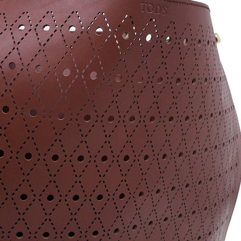 Tod's Brown Two Tone Perforated Leather Signature Secchiello Traforo Tote + Clut 4