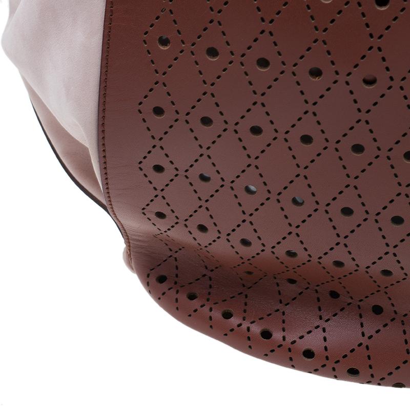 Tod's Brown Two Tone Perforated Leather Signature Secchiello Traforo Tote + Clut 5