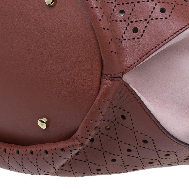 Tod's Brown Two Tone Perforated Leather Signature Secchiello Traforo Tote + Clut 7