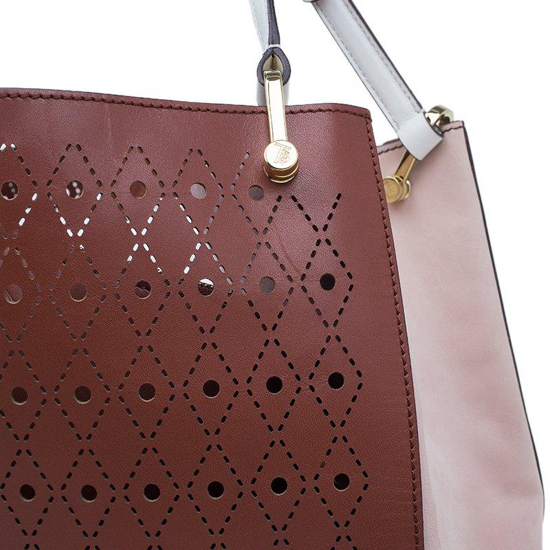 Tod's Brown Two Tone Perforated Leather Signature Secchiello Traforo Tote + Clut 8
