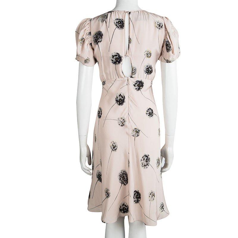 Beige Valentino Pastel Pink Floral Printed Silk Short Sleeve Dress S
