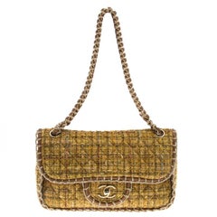 Chanel Yellow Quilted Tweed and Leather Medium Classic Single Flap Bag