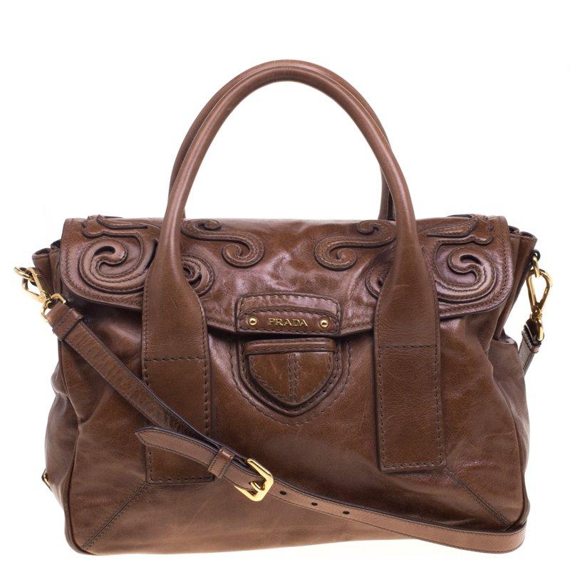 Prada Brown Glazed Leather Top Handle Bag