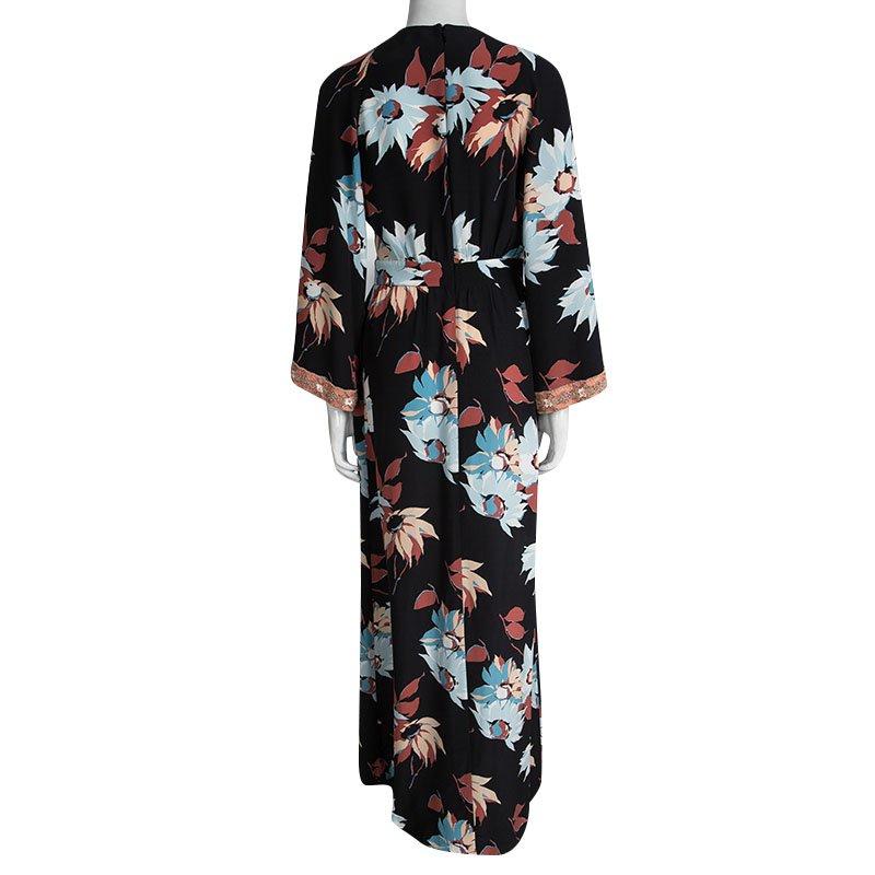 Etro Black Floral Printed Silk Embellished Cuff Detail Maxi Dress S In Excellent Condition In Dubai, Al Qouz 2