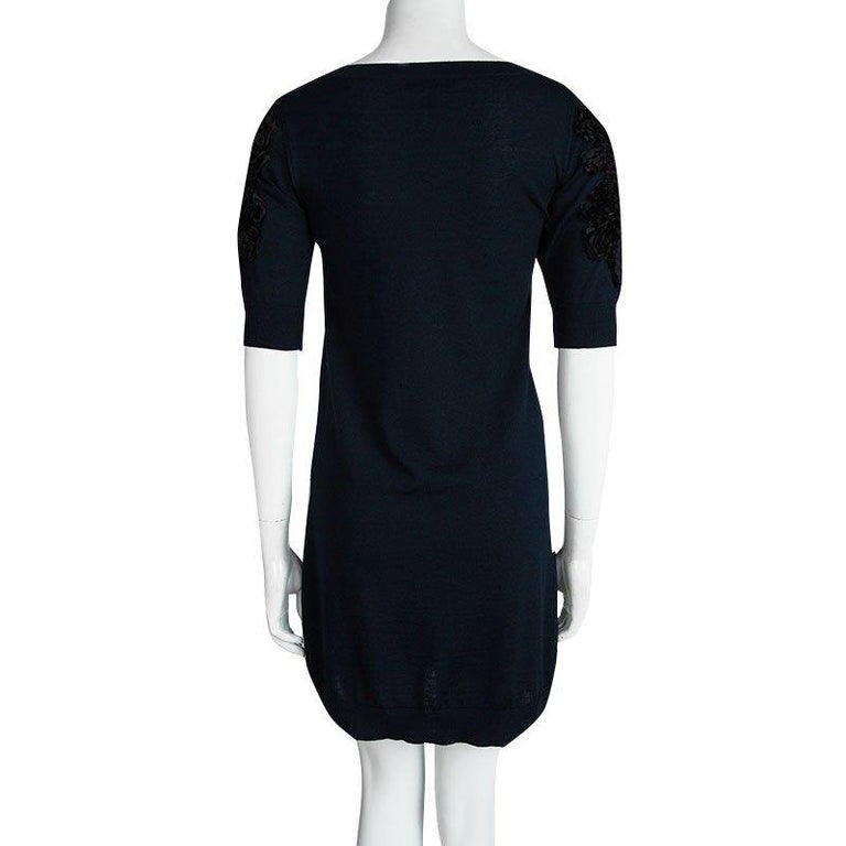 Louis Vuitton Navy Blue Wool Floral Applique Sleeve Detail Sweater Dress XS at 1stdibs
