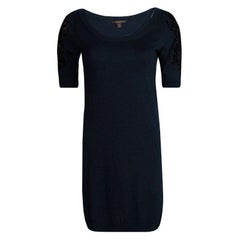 Louis Vuitton Navy Blue Wool Floral Applique Sleeve Detail Sweater Dress XS