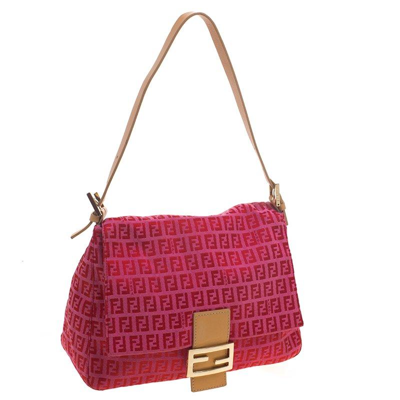 Fendi Pink/Red Zucchino Canvas Mama Forever Shoulder Bag In Good Condition In Dubai, Al Qouz 2