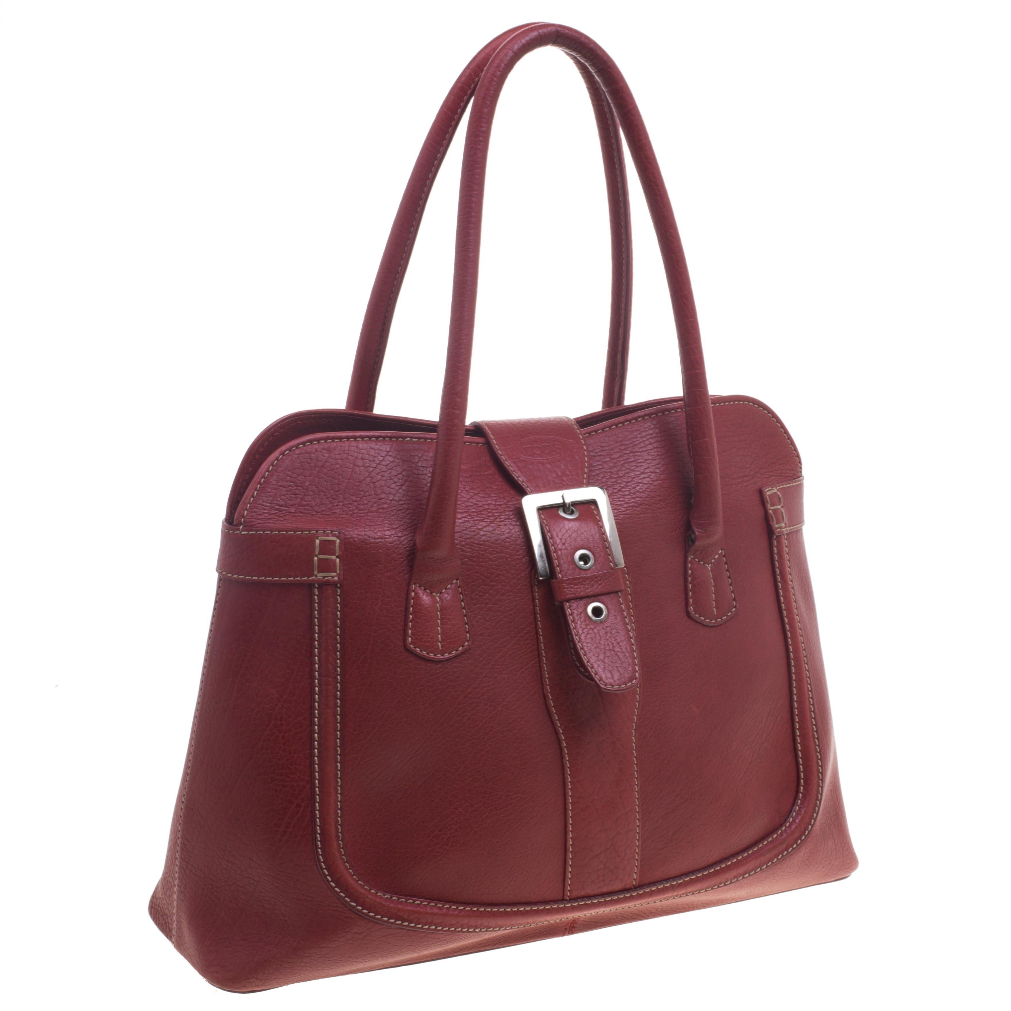 Brown Tod's Red Leather Buckle Satchel
