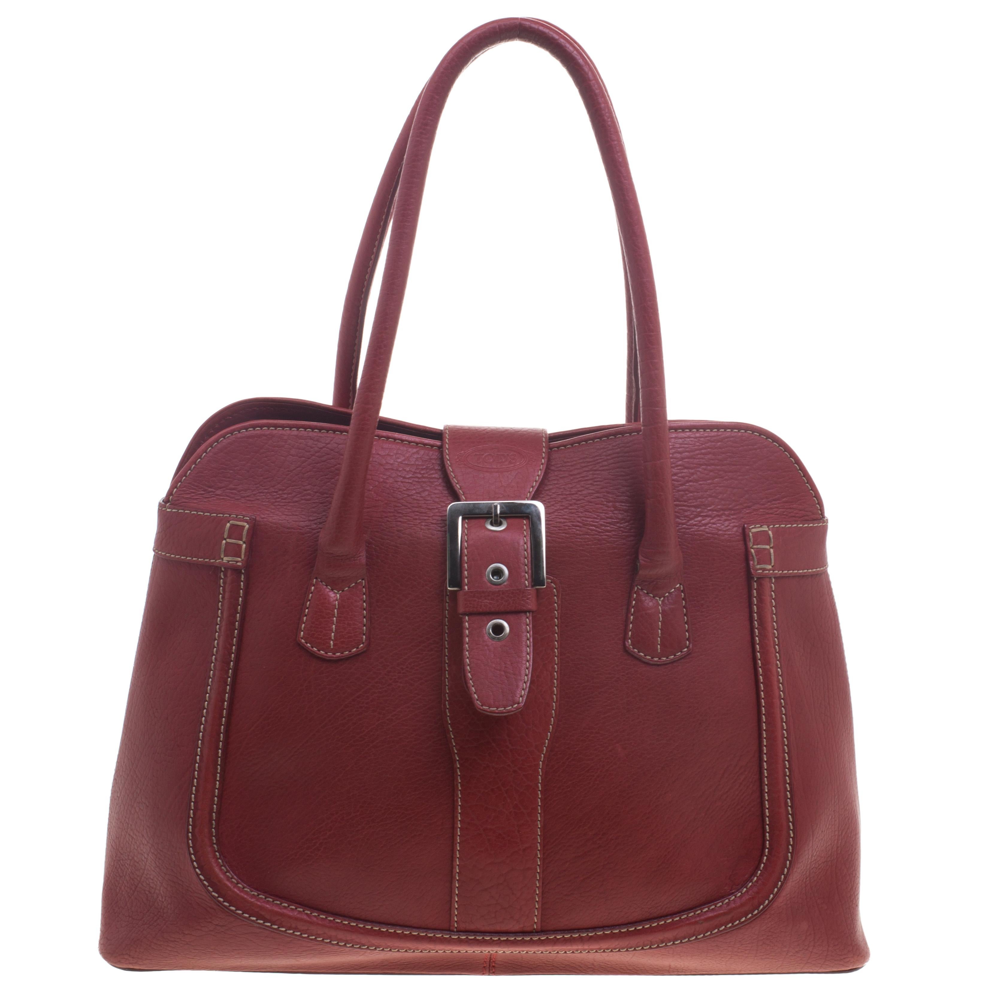 Tod's Red Leather Buckle Satchel