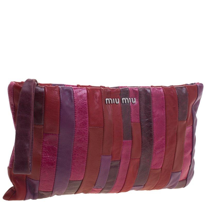 Brown Miu Miu Multicolor Patchwork Nappa Leather Wrislet Clutch