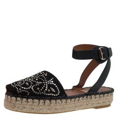 Valentino Black Embellished Suede and Leather Ankle Strap Espadrilles Size 38