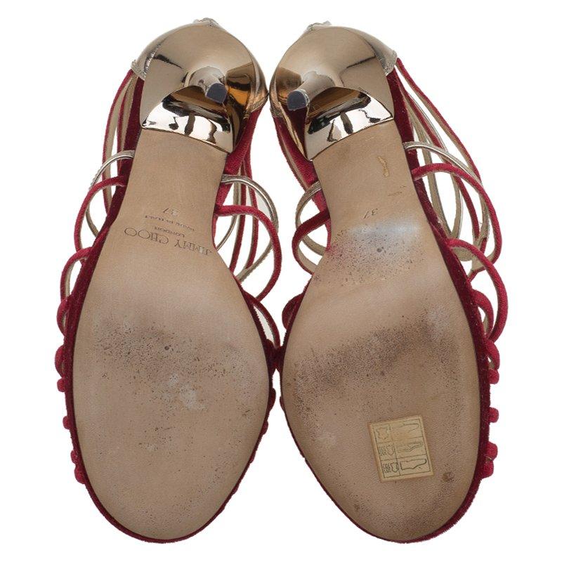 Jimmy Choo Red Velvet & Gold Leather Maury Strappy Sandals Size 37 In Good Condition In Dubai, Al Qouz 2