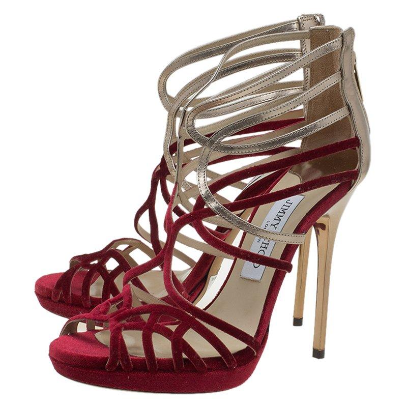 Jimmy Choo Red Velvet & Gold Leather Maury Strappy Sandals Size 37 1