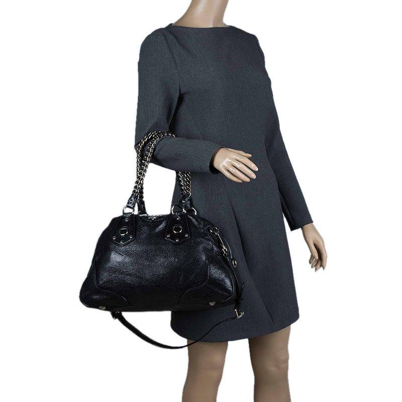 Prada Black Cervo Lux Leather Chain Bowling Bag In Good Condition In Dubai, Al Qouz 2