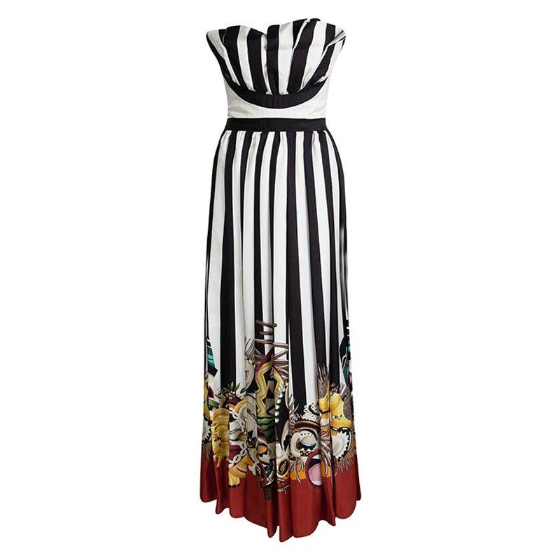 Dsquared2 Tribal Couture Printed Striped Silk Strapless Maxi Dress S