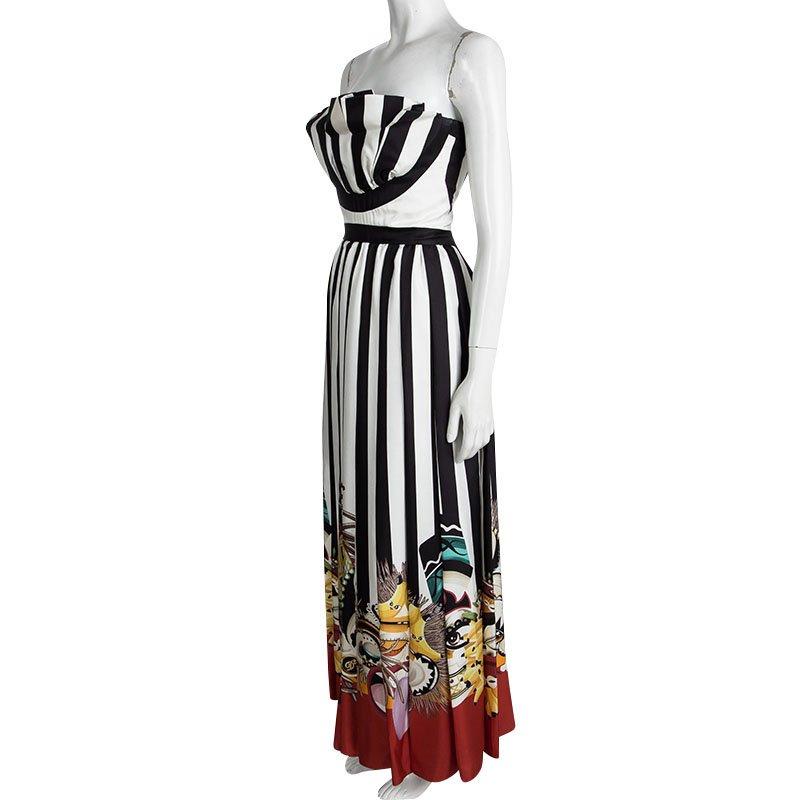 Black Dsquared2 Tribal Couture Printed Striped Silk Strapless Maxi Dress S